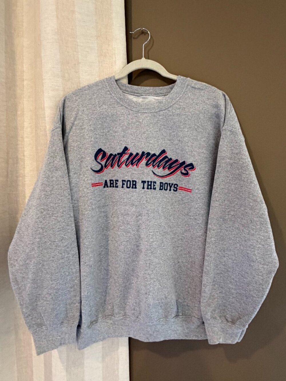 Saturdays are for the Boys Gray Crewneck Sweatshirt, Weekend Lounge, Size Large